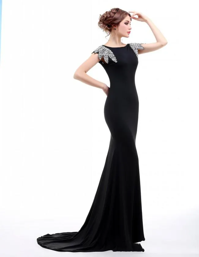 Capped Sleeve Runway Fashion Dresses Black Color Beaded Mermaid Gowns ...