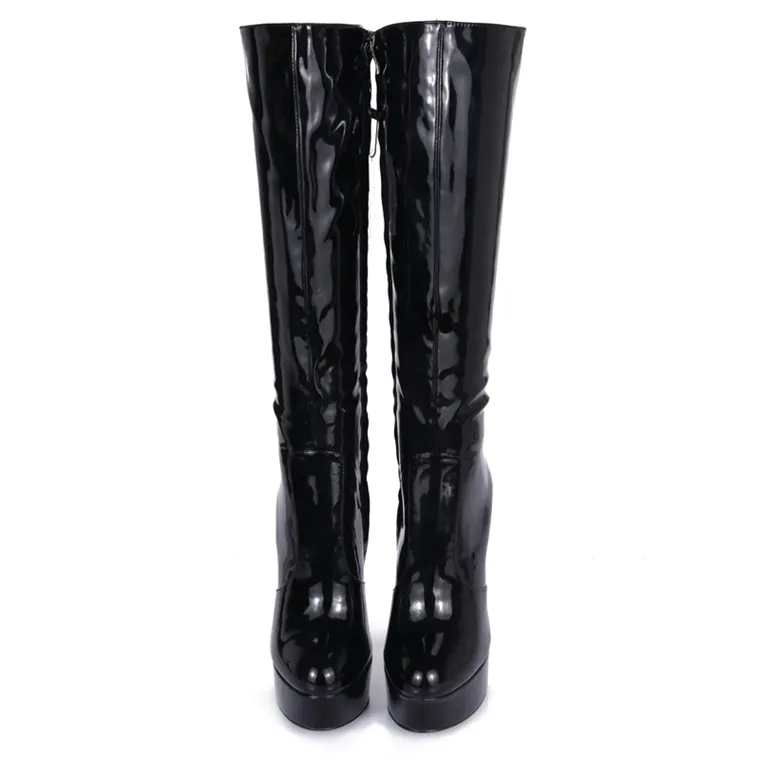 Bottes au genou en PU verni noir brillant pour femmes avec plate-forme et talon haut de 16 cm, chaussures de conception italienne faites à la main, fétichistes exotiques Pole Dance gothique punk, vente en gros