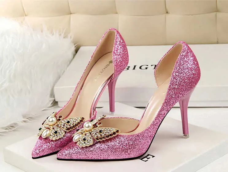 Silver/Gold Wedding Shoes Crystal Butterfly Bridal Shoes Sequins Pump ...