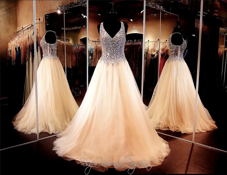 Champagne Ball Gown-Crystals V-neck Prom Dress See Through Pageant Dresses Soft Tulle New Arrival Evening Gown