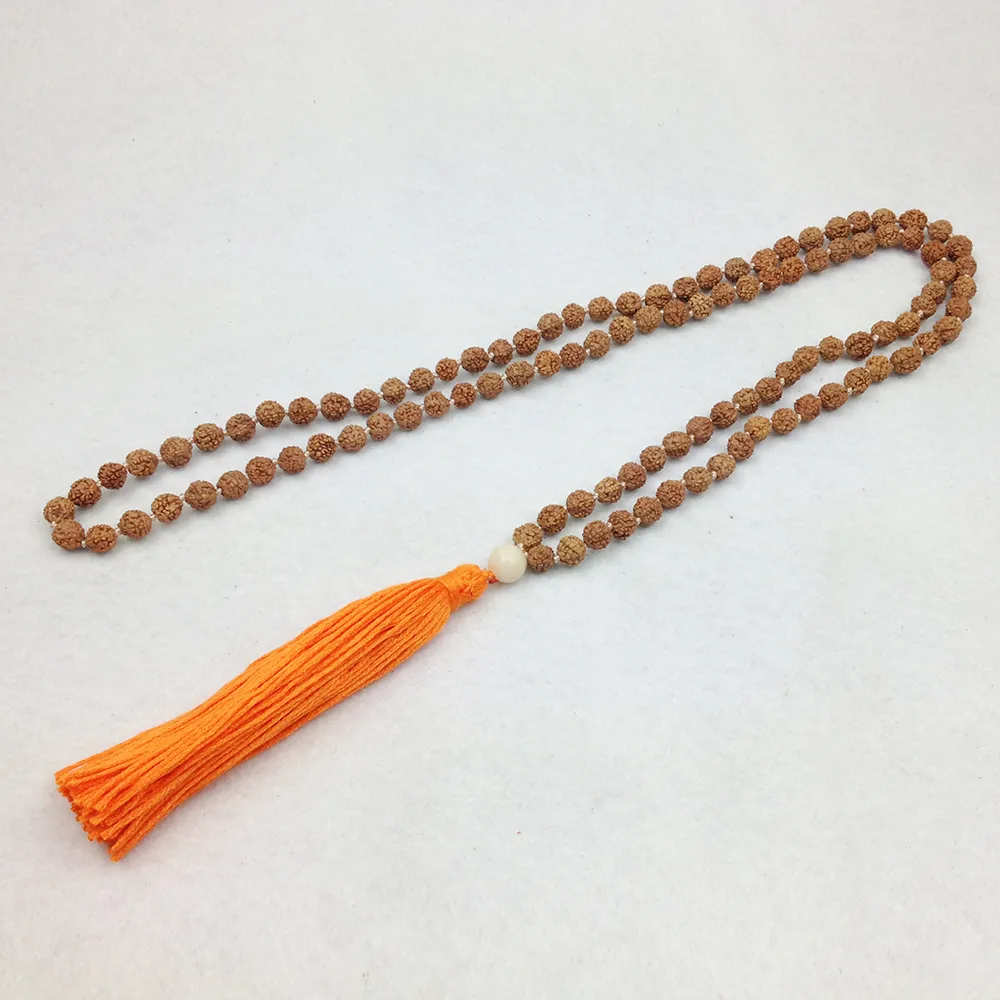 St0211 Rudraksha Mala Hand Knitted Orange Tassel Halsband Traditionell Bön Pärlor Hindu Smycken Damklamer
