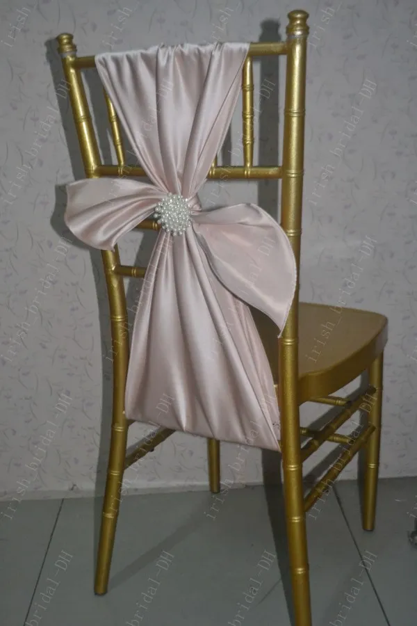 2016 Custom Made Satin Pearls Chair Covers Romantic Beautiful Chair Sashes Cheap Wedding Chair Decorations 014