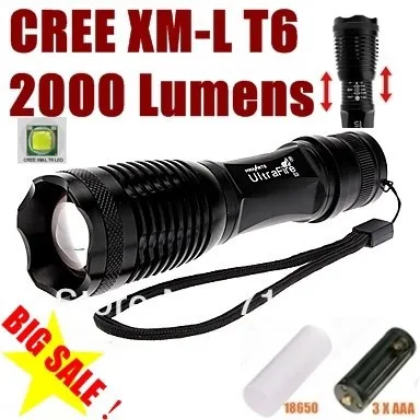 Nueva Llegada Negro Ultrafire LED Linternas Durable Cree XML T6 LED Antorchas para Camping 2000 Lumen Aleación de Aluminio Material de La Venta Caliente XML3T6