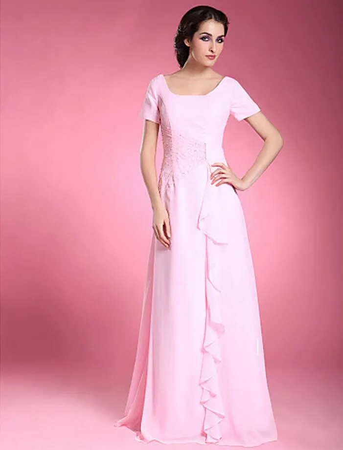 Custom Made Long Chiffon Mother of the Bride Dresses Short Sleeve Beading Rhinestone Scoop Neckline Floor Length