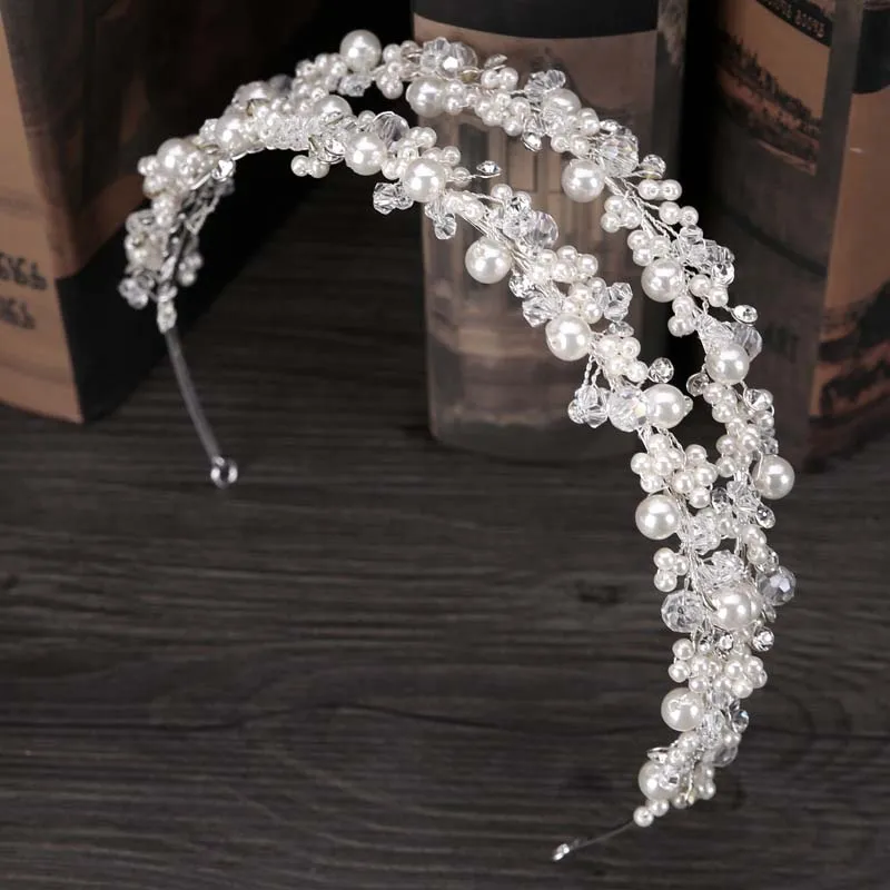 Vintage Wedding Bridal Crystal Rhinestone Pearl Beaded Hair Accessories Headband Band Crown Tiara Ribbon Headpiece Jewelry Set317f