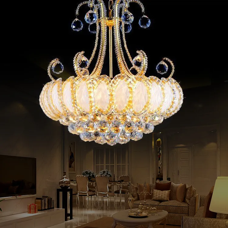 Luxury Vintage K9 Crystal Chandelier Traditionell guldkronkrona Belysning hängande lampor för hotellets vardagsrum