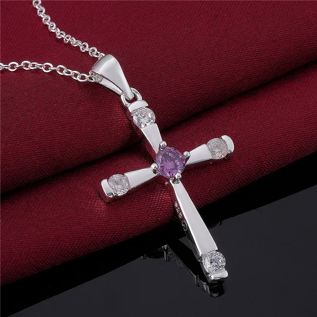 High grade women's cross shape Pendant Necklace purple gemstone sterling silver plated necklace STSN656,fashion 925 silver necklace free