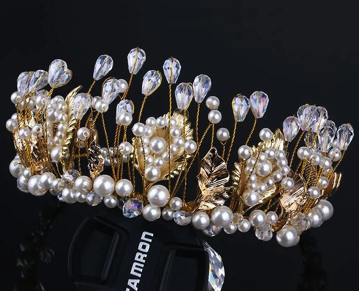 Vintage Gold Pearl & Crystal Tiara Headband Gold Vintage Inspired Pearl and Crystal Wedding Tiara Crown main image 3