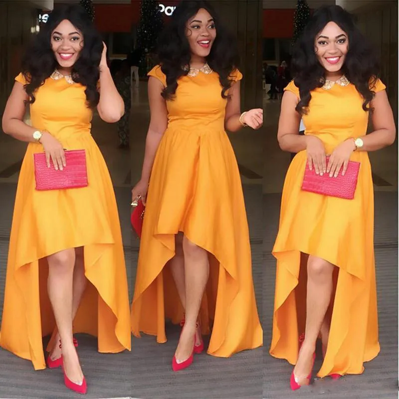 Nig ria Longo Prom Dresses Alta Low Manga Curta Laranja Africano