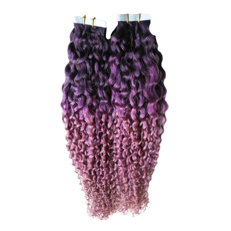 Cor Roxo / Rosa ombre cabelo brasileiro Kinky Curly Virgem Cabelo Trama Da Pele 100g Fita Em Extensões Do Cabelo Humano