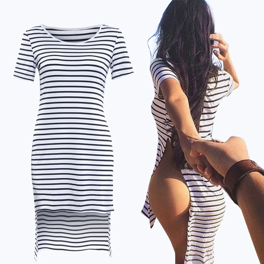 Sommar oregelbunden sida ventilation stripe sexig måne mini- chiffon klänning 2016 clubwear mini damer spets bodycon v neck kvinna klubb klänningar