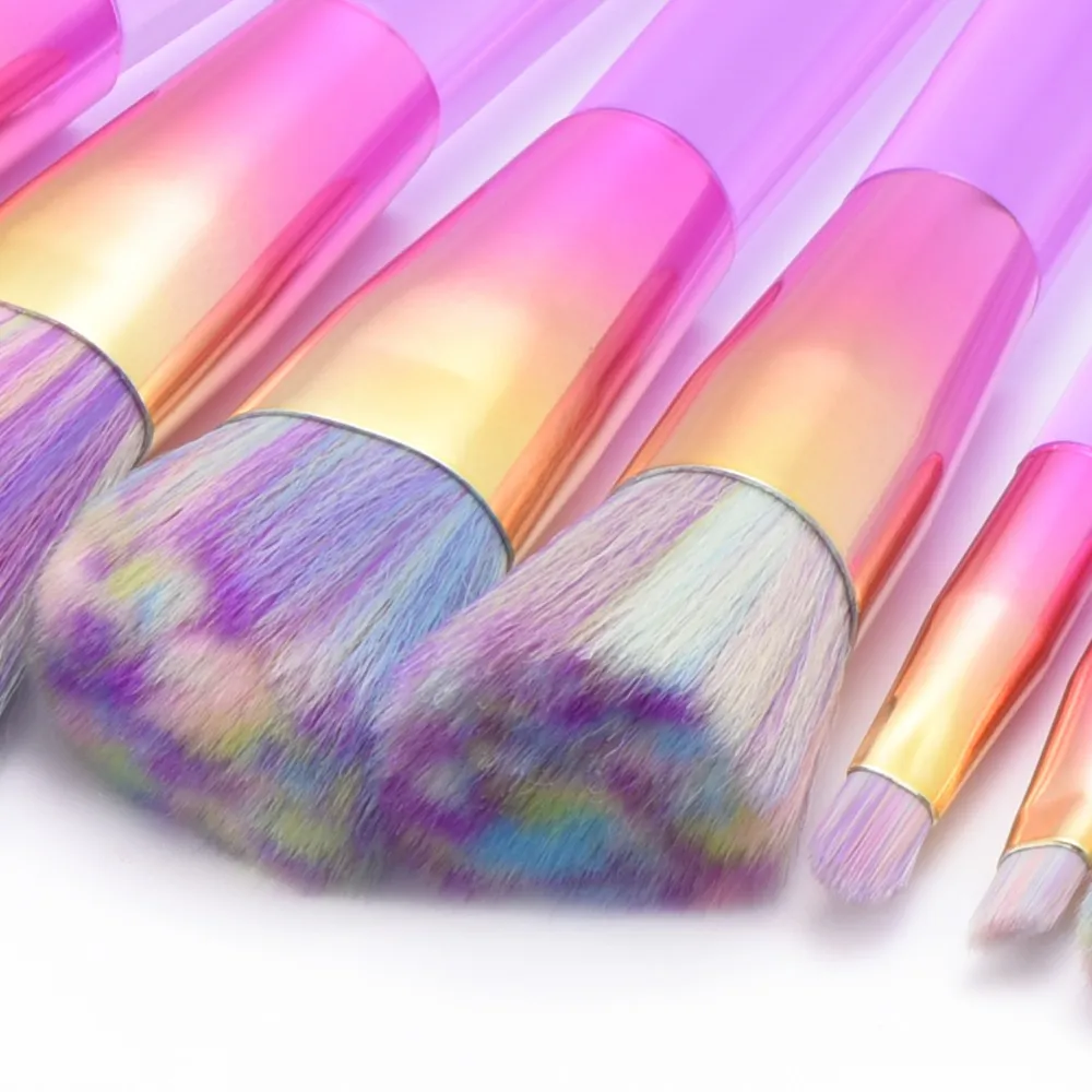 10 pièces ensemble de pinceaux de maquillage transparent arc-en-ciel dégradé couleur Kit de brosse à cheveux doux Kit cosmétique Kabuki ovale maquillage brosse outil