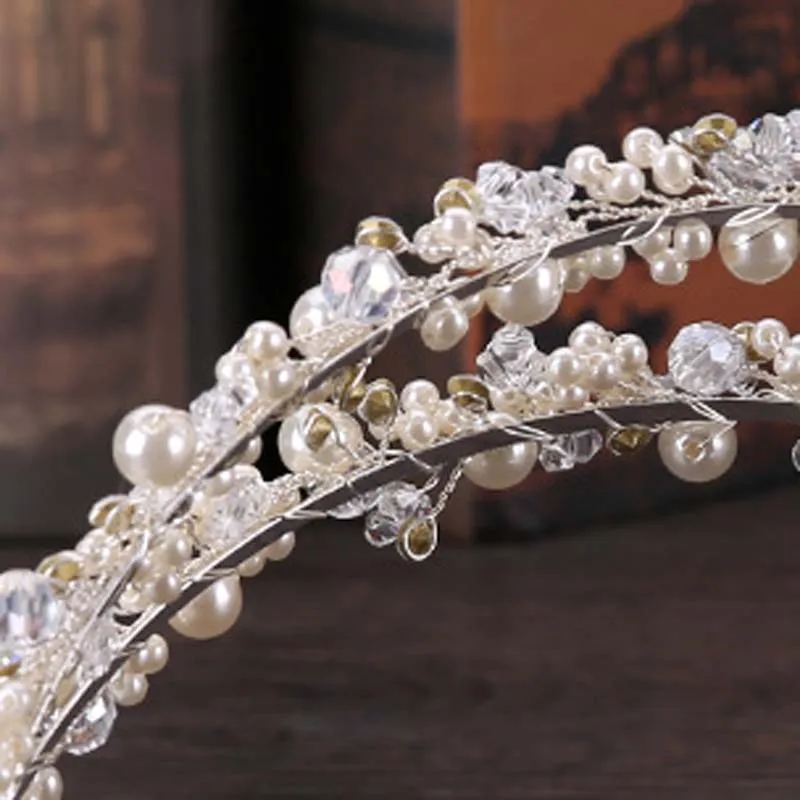 Vintage Wedding Bridal Kryształ Rhinestone Pearl Zroszony Akcesoria Do Włosów Pałąk Opaska Korona Tiara Wstążka Headpiece Zestaw Biżuterii