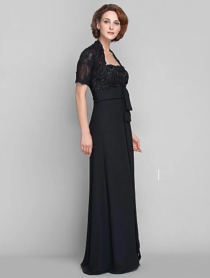 Schwarzes Mama-Kleid mit Umhang, kurze Ärmel, bodenlanger Chiffon mit Applikationen, Perlen, säulenförmiges, trägerloses Kleid für die Brautmutter