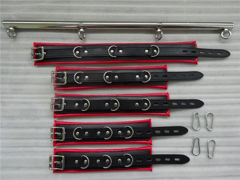 BDSM Bondage Acciaio inossidabile Metallo Spreader Bar Kit in pelle Collare al collo Manette Polsini alla caviglia SM Schiava del sesso Giocattoli di ritenuta per coppie