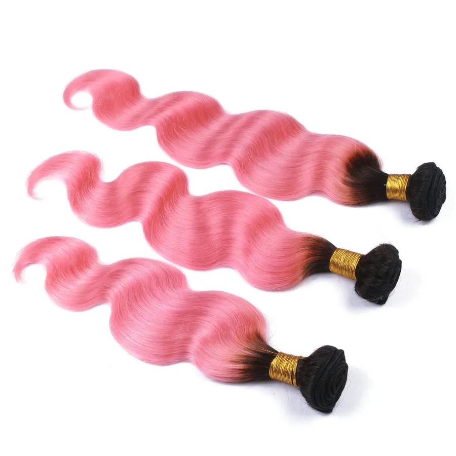 Faisceaux de cheveux roses à racines foncées avec fermeture frontale en dentelle Ombre rose Extensions de cheveux péruviens vague de corps tissage de cheveux humains et dentelle frontale