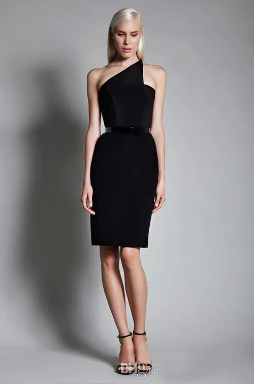 2020 One Shoulder Knee Length One Shoulder occasion dress with Sash and Zipper Back - Black Satin Party Gown for Women (Customizable)