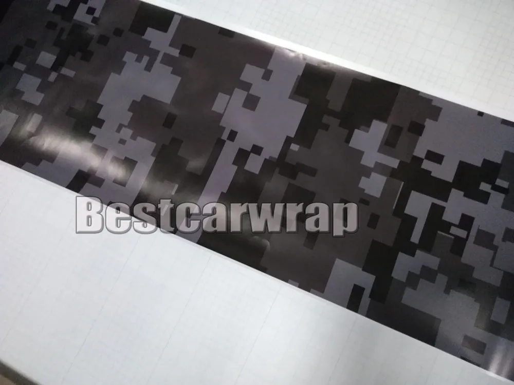 Enveloppe de voiture en vinyle numérique Tiger Camo de nuit urbaine gris foncé noir avec bulle d'air autocollant de voiture graphique de camouflage de pixel gratuit 1.52x30m / 5x98ft