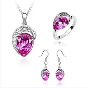 925 Silver Plated Austrian Crystal Pendant Necklace Rings and Earrings Women Jewelry Sets Fashion High Quality