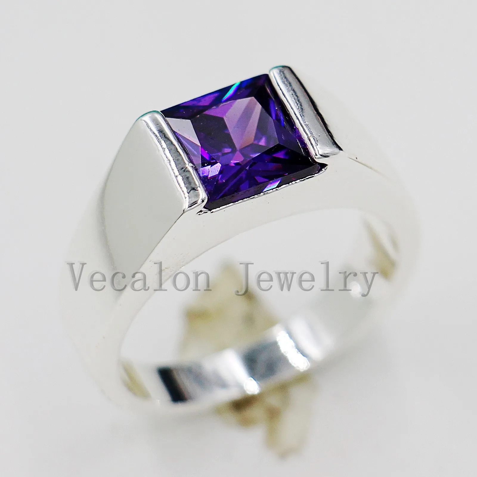 Vecalon Male Jewelry Princess Cut 4ct Amethyst Cz 925 Sterling Silver Bague de fiançailles de mariage pour hommes Sz 8-12