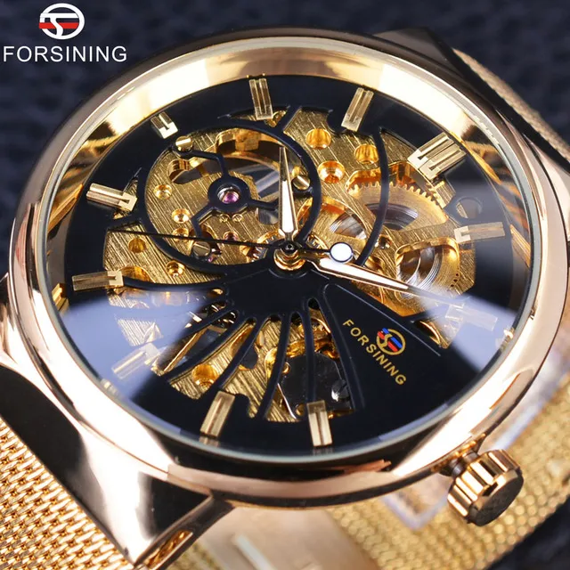 Forsining 2019 Mode De Luxe Squelette Casual Dressing Design Doré En Acier Inoxydable Hommes Montre Top Marque De Luxe Montre Mécanique