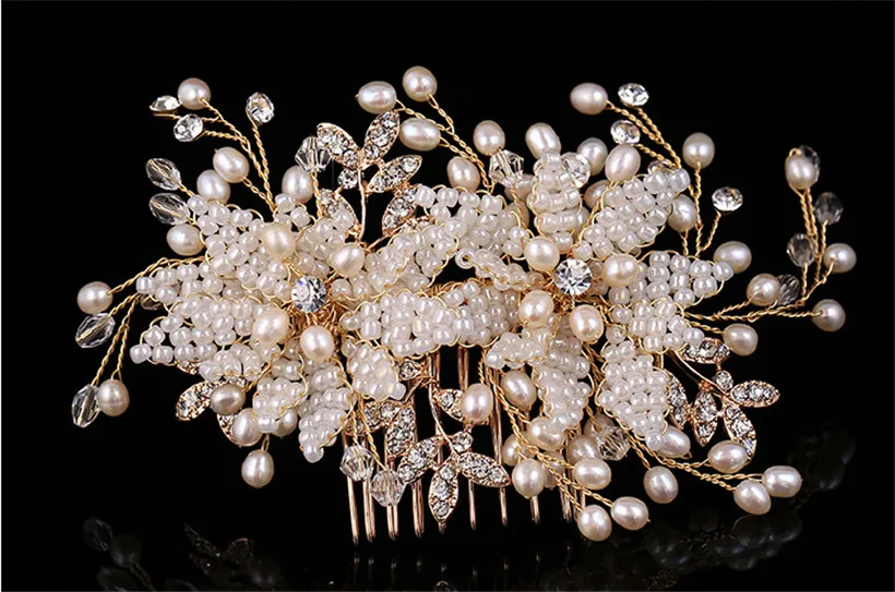 Designer Fashion Women Party Prom Wedding Bridal Gold Crystal Rhinestone Pearl Beaded Comb Hair Accessories Headpieces Jewelry Cro6373316