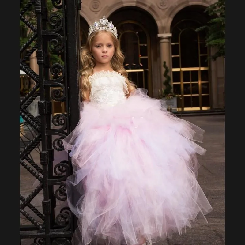 Розовое бальное платье принцессы Жемчуг Вечернее платье с бисером для девочек Кружевное платье с завязками на шее Тюль Оборки для девочек Платья для девочек на свадьбу без спинки