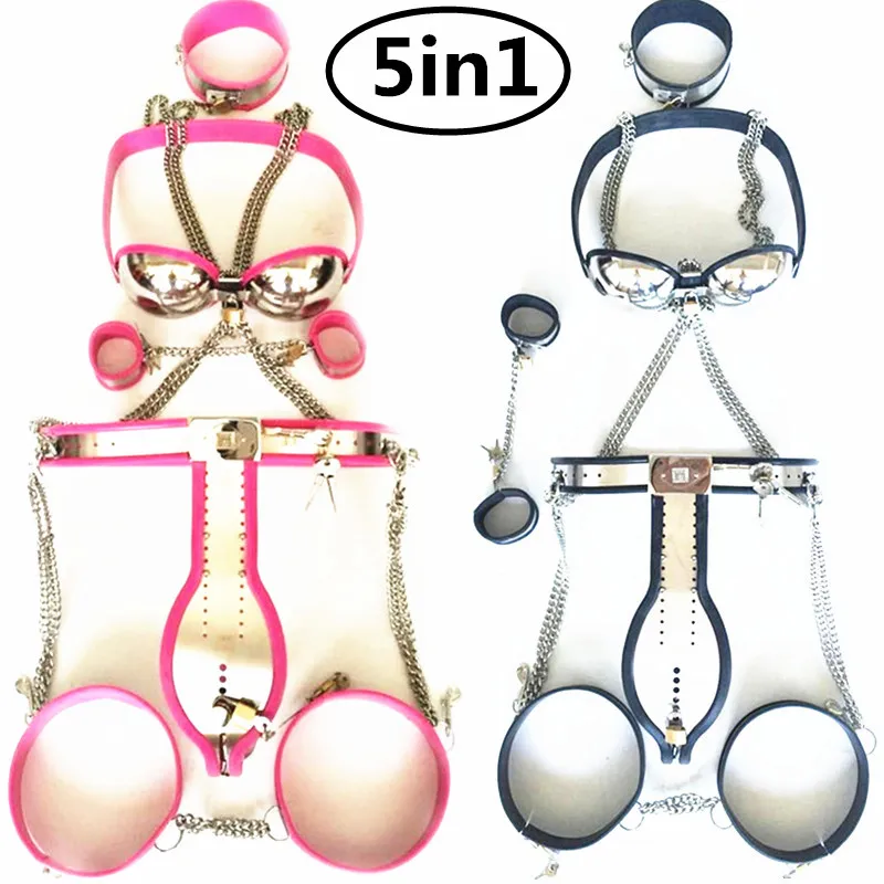 5/8in1 Stainless Steel Male Chastity Devices Chastity Belt +Collar+Bra+Handcuff+Arm Ring+Thigh Rings with Chain Sexy Bondage Kit G7-4-43