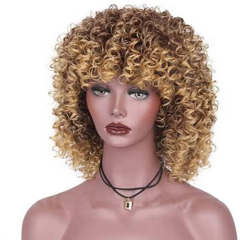 12inch High Temperature Fiber Mixed Brown and Blonde Color Synthetic Short Hair Afro Kinky Curly Wigs for Women3384026
