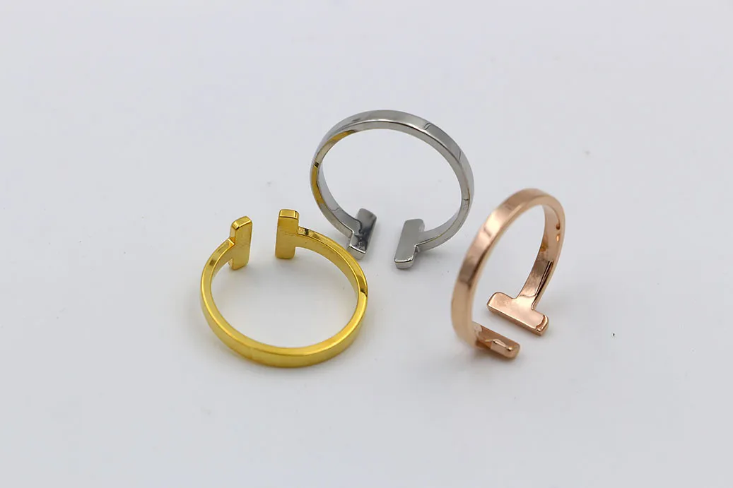 316L Stainless Steel fashion double T ring Jewelry for woman man lover rings 18K Gold-color and rose Jewelry Bijoux no have any logo