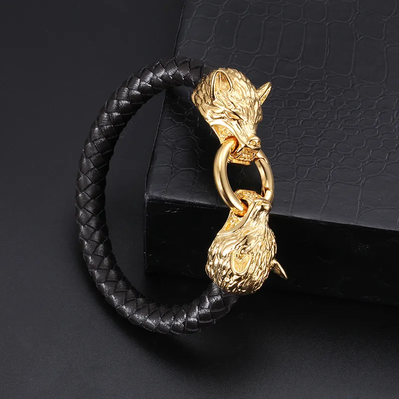 Brand New Punk Black 100% Leather 316L Stainless Steel Men's Jewelry Bangle Biker Double Gold Wolf Heads Charms Bracelet