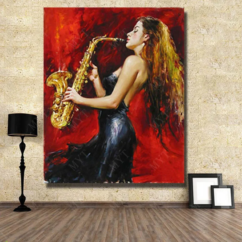 Artista dipinto sassofono performance pittura a olio decorazioni la casa moderne immagini dipinte a mano su tela pittura ragazza senza cornice