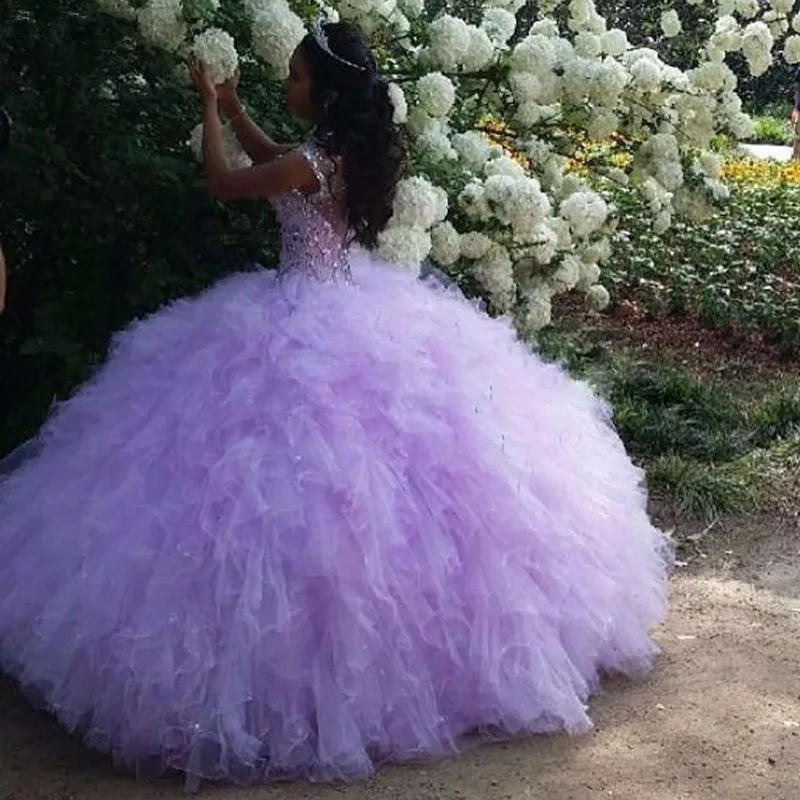 Sweet 16ドレスセクシーな恋人ビーズQuinceaneraドレスvestidos de 15 anosライトパープルオーガンザ安いQuinceanera Gowns