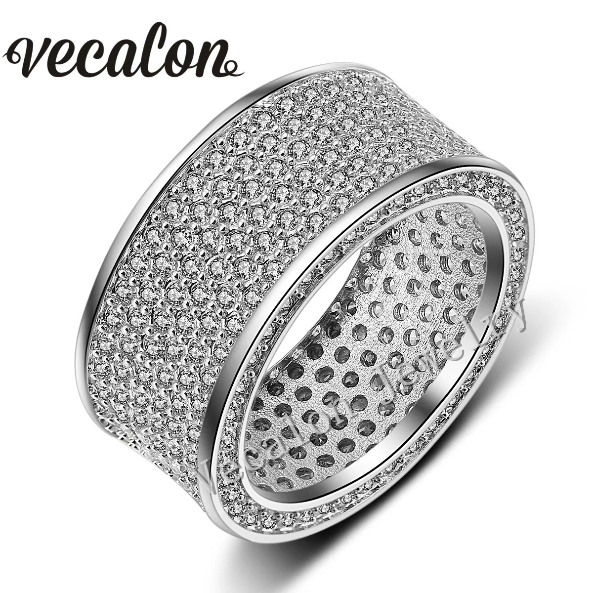 Vecalon Full 320Pcs Simulated diamond Cz Wedding Band Ring for Women 10KT White Gold Filled Female Engagement Band Sz 5-11