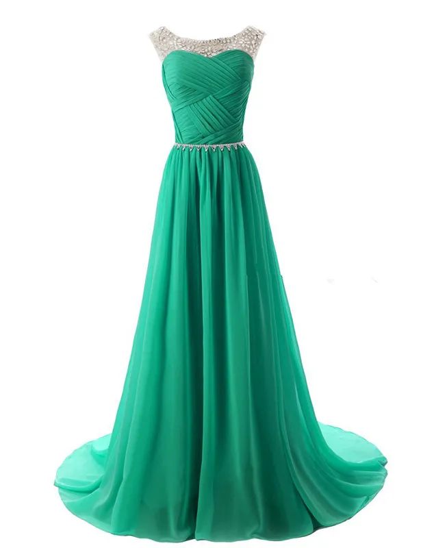 2021 New Stock Sexy Colorful Long Scoop Chiffon Formal Prom Dresses Beads Pleats Floor-Length Evening Party Gowns