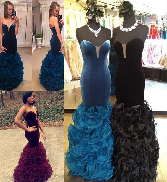 2016 Bourgondië Mermaid Prom Dresses Nieuwe Afrikaanse Fluwelen Avondjurken Sexy Sweetheart Backless Shede Ruches Tiered Organz Celebrity Jurken