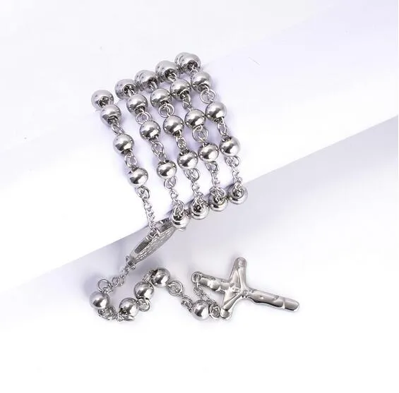 Bijoux fins hommes femmes 6mm 28 ''+ 5'' perle ronde argent Top qualité acier inoxydable Crucifix chapelet croix collier chaîne