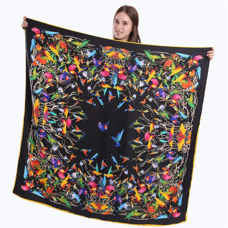 New Twill Silk Scarf Women Birds Printing Square Scarves Fashion Wrap Female Foulard Large Hijab Shawl Neckerchief 130*130CM