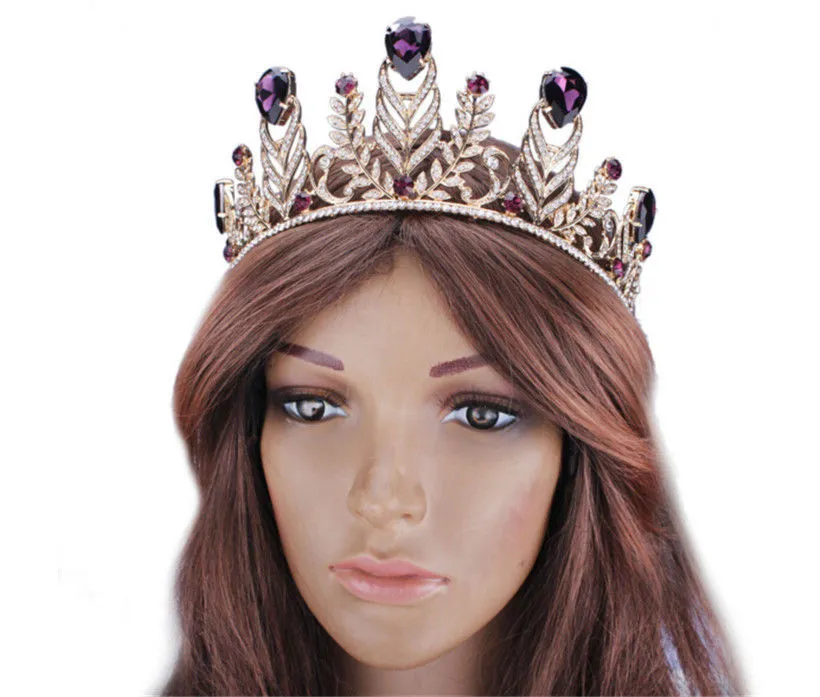 Vintage Wedding Queen Tiara Princess Crown Bridal Crystal Strass Accessori capelli Gioielli Fascia capelli Gioielli Copricapo Viola Re5600615