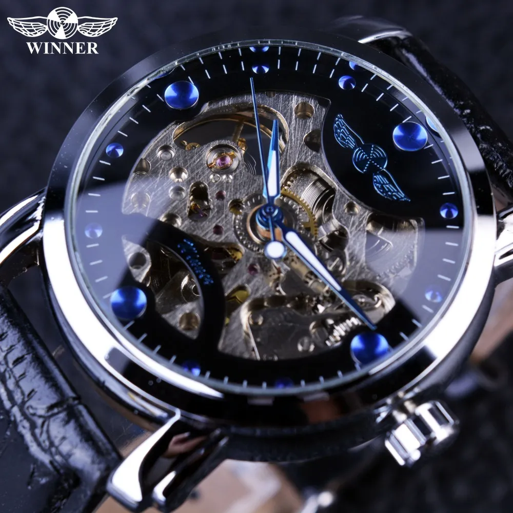 2024 NEW！WINNER BLACK SKELETON DESIGNER BLUE ENGRAVING CLOCK MEN LEATHER STRAPメンズウォッチ