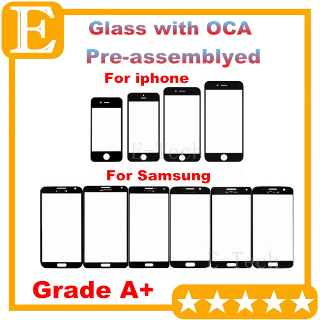 Grade A+ for iPhone 4 5 6 Front Outer Glass Lens with OCA Film Pre-assemblyed for Samsung Galaxy S4 S5 Balck White 