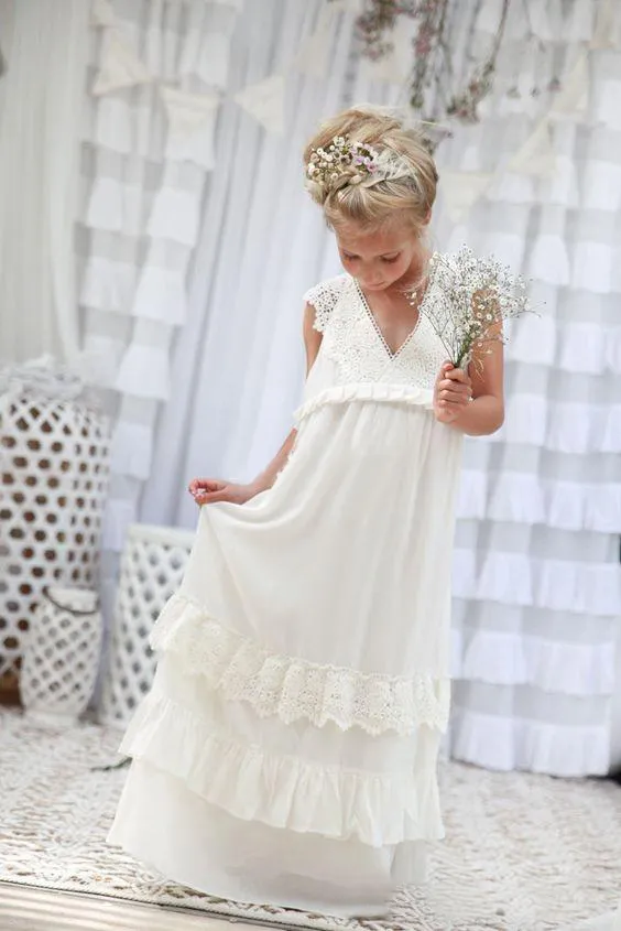 Romantisch 2020 Nieuwe Collectie Boho Bloem Meisje Jurken Voor Bruiloft Goedkope V-hals Chiffon Kant Tiered Formele Kinderen Trouwjurk Custom Made