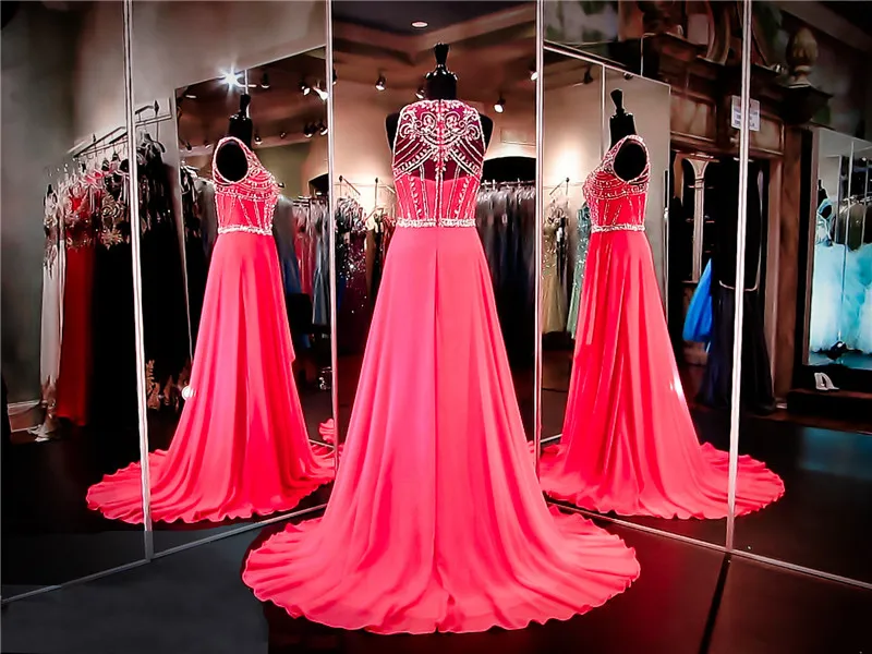 Hot Pink Chiffon Prom Dress High Neckline Illusion Back Crystals Evening Dress Embellished with Sparkling Beading Pageant Dress