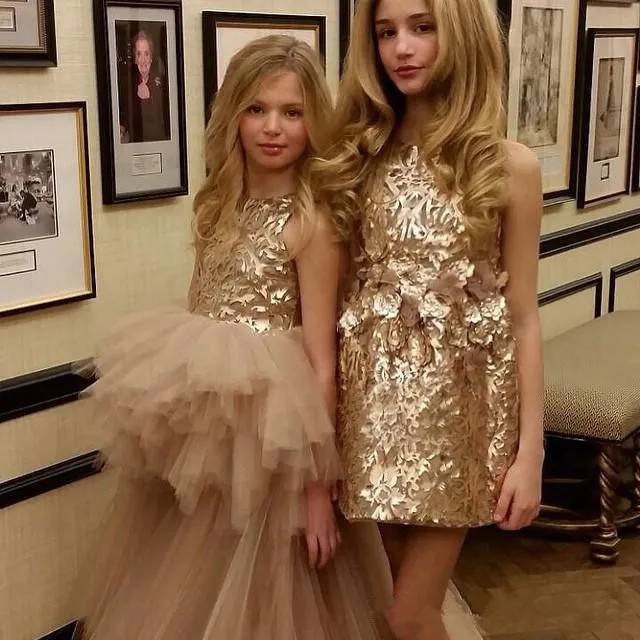 Gold Appliqued High-Low Pageant Dress for Little Girls with Tiered Tulle high low Tulle skirt - Perfect for Weddings and Flower Girls Gold Appliqued High-Low Pageant Dress for Little Girls with Tiered Tulle high low Tulle skirt - Perfect for Weddings and Flower Girls