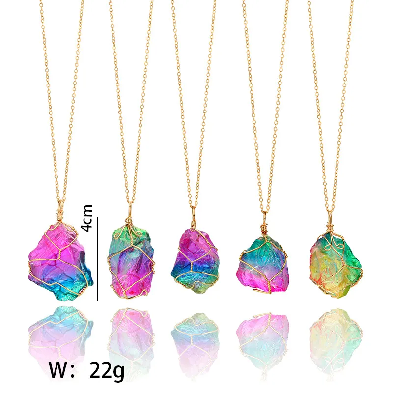 Rainbow Natural Stone Wisiorek Naszyjnik Dla Kobiet Mężczyźni Healing Crystal Quartz Nieregularne Kamień Urok Złoty Łańcuchy Moda Biżuteria