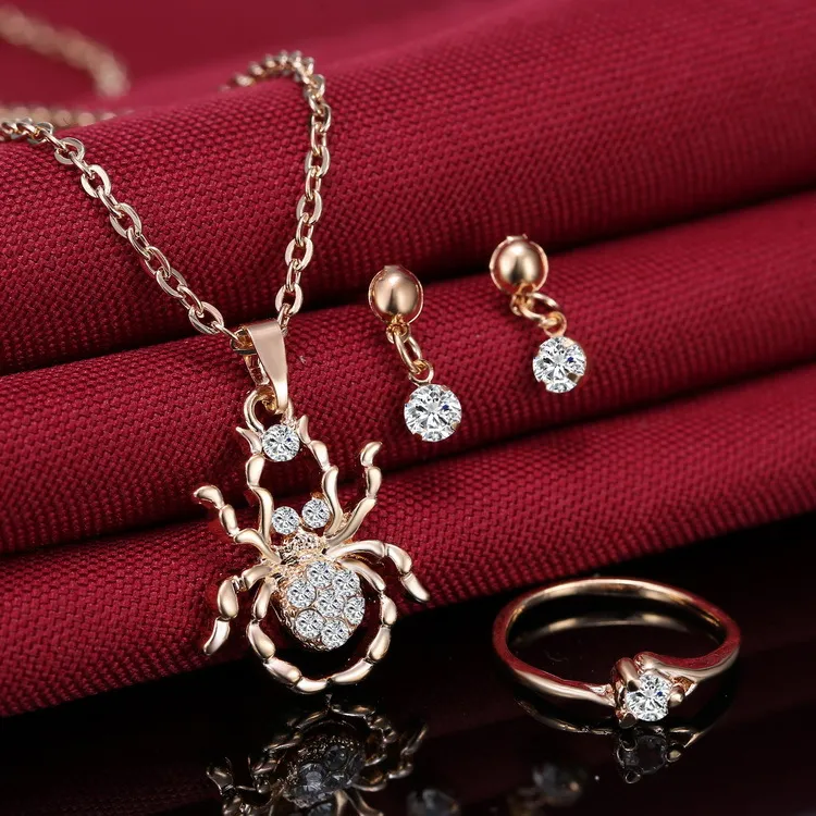 Modischer Damenschmuck, 3-teiliges Set, Halskette, Ohrringe, Ring, mit Diamanten besetzte Spinnen-Anhänger-Halsketten. Für Brautjungfern-Schmucksets