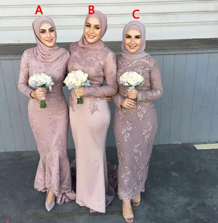Saudi Arabic Muslim 2016 Bridesmaid Dresses Lace Appliques Beaded Long Sleeves Back Zipper Formal Bridal Gowns
