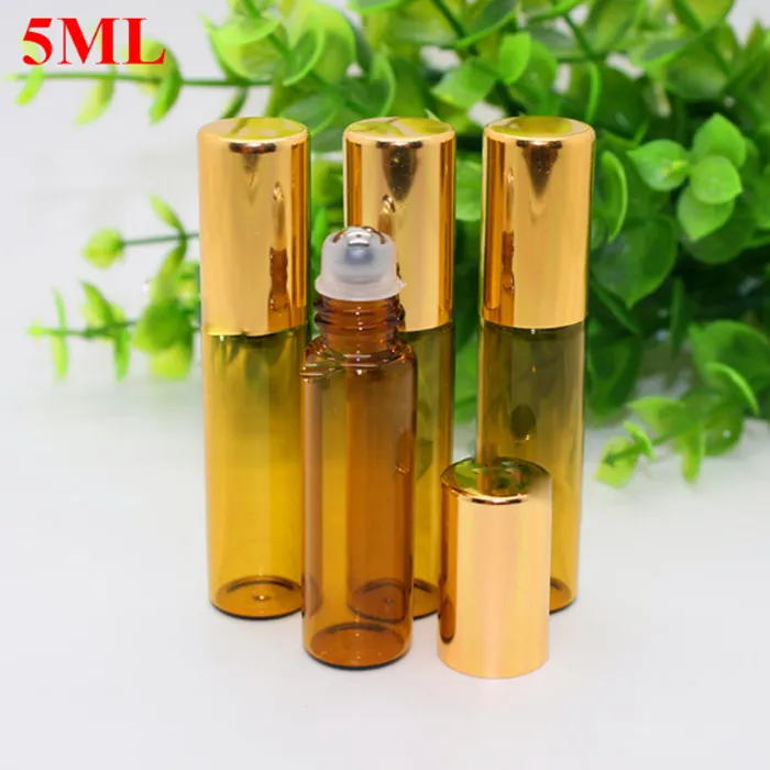 Mini 5 ml Bruin Amber Glass Roll op Essential Oil Parfum Flessen met roestvrijstalen rollerbal en gouden cap groothandel 1100pcs / lot