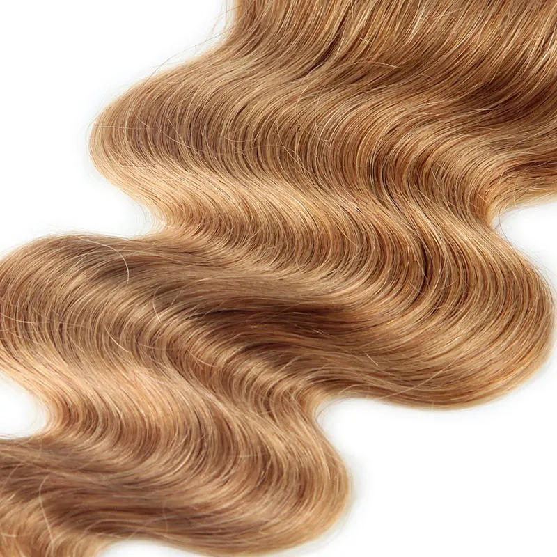순수한 색상 허니 금발 # 27 인간의 머리카락 묶여 레이스 클로저 4x4 브라질 바디 웨이브 헤어 익스텐션 클로저 딸기 금발
