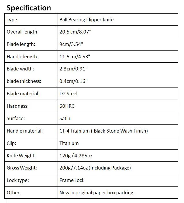 하이 엔드 볼 베어링 플리퍼 나이프 D2 새틴 블레이드 블랙 스톤 TC4 티타늄 핸들 EDC 포켓 나이프 Xmas 선물